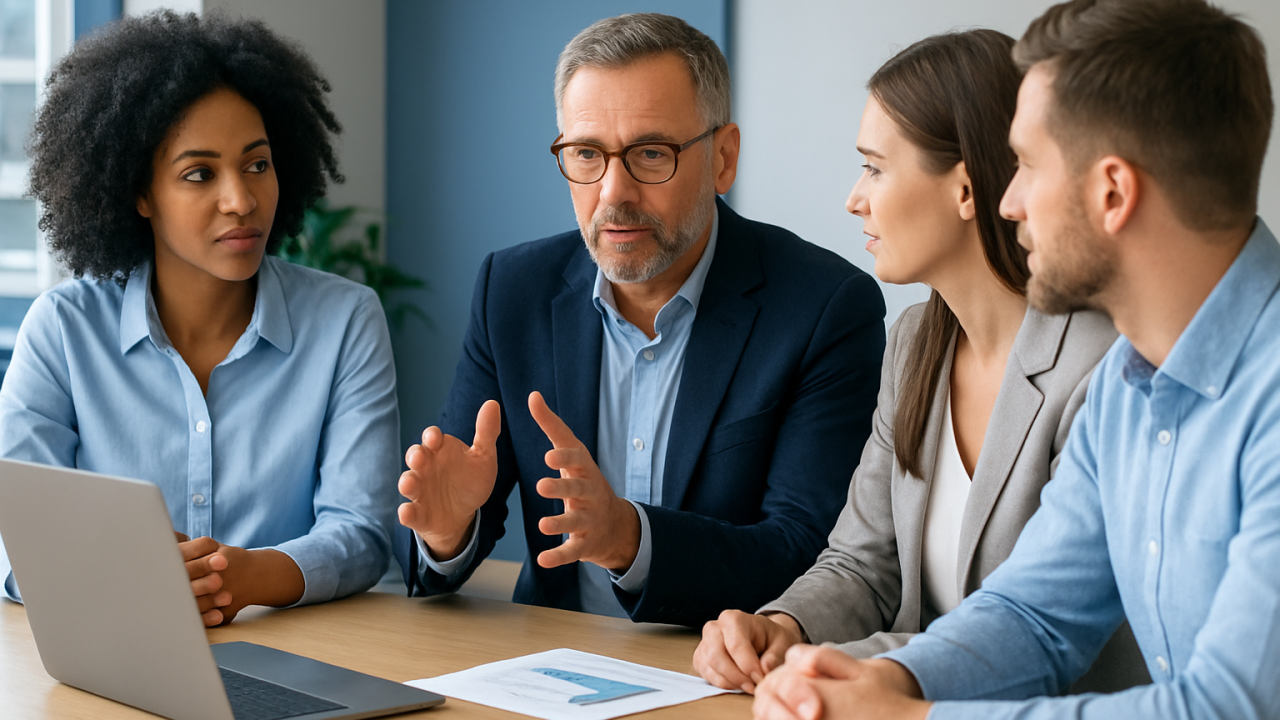 Młodzi founderzy dyskutujący z aniołem biznesu przy stole konferencyjnym