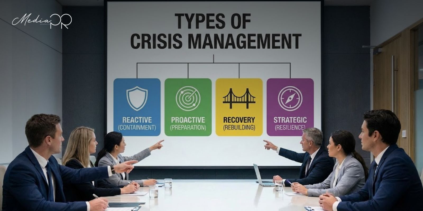 Członkowie zespołu kryzysowego w kamizelkach z logo firmy przy stole z laptopami