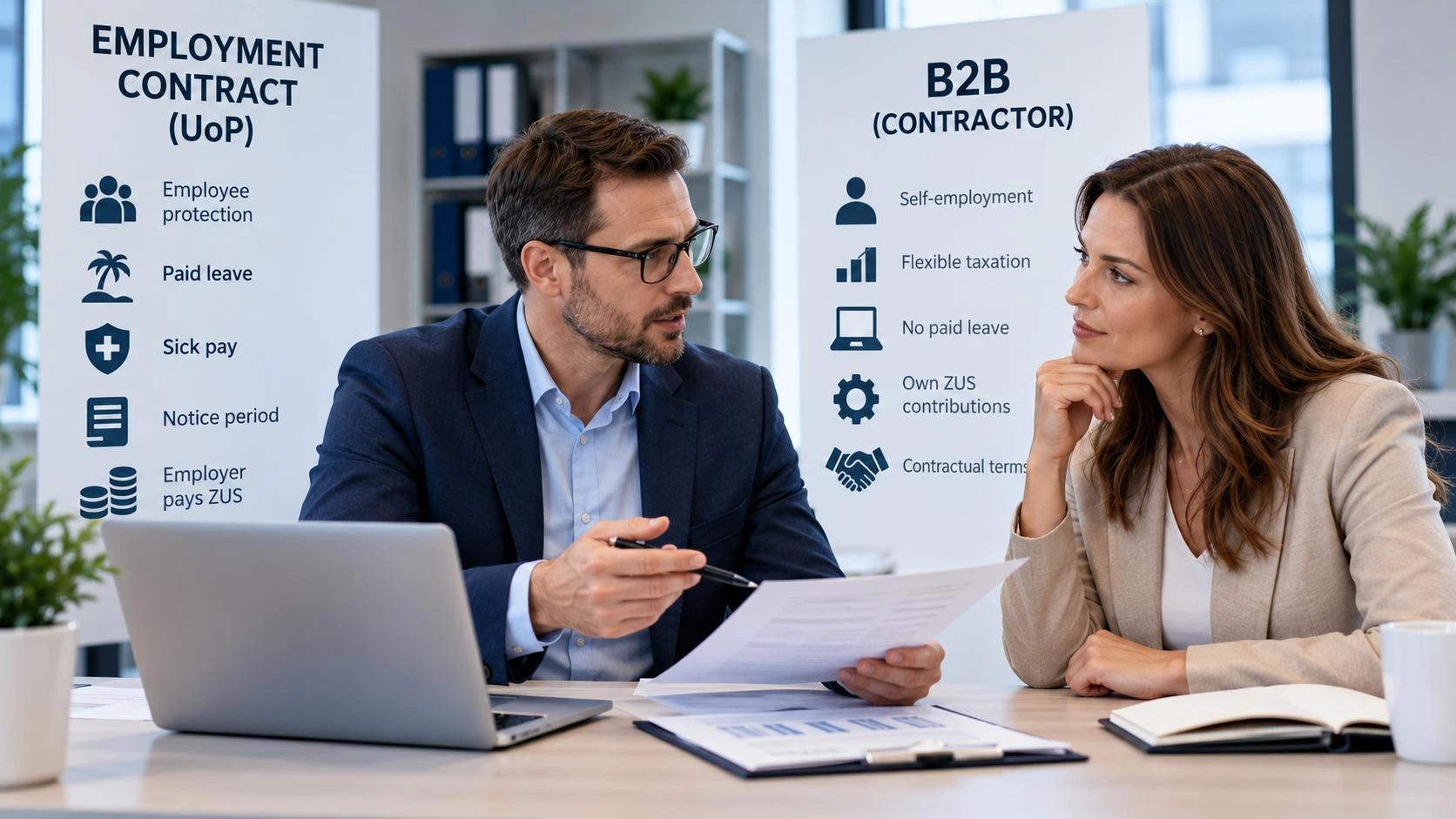 Osoba rozważa wybór między współpracą B2B a etatem przy dokumentach